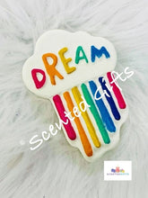 Load image into Gallery viewer, Rainbow Dream Cloud bath bomb scented in slam bar fragranced (sweet and fruity), hand painted with hidden colour inside.
