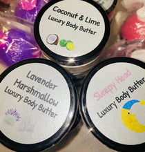 Load image into Gallery viewer, Luxury Body Butter scented in coconut and lime, lavender marshmallow and sleepy head lush.