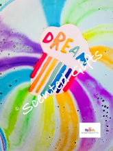 Load image into Gallery viewer, Rainbow Dream Cloud bath bomb scented in slam bar fragranced (sweet and fruity), hand painted with hidden colour inside.