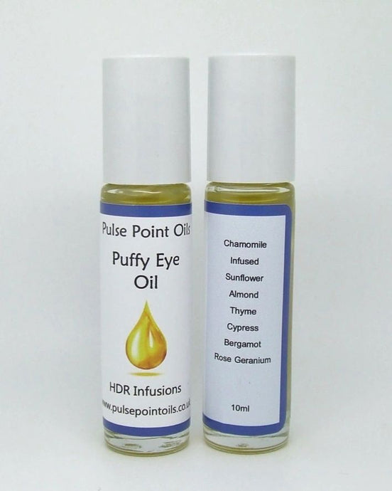 Puffy Eye Pulse Point Oil  Puffy Eyes - There are several reasons eyes can be puffy in the mornings, lack of sleep, allergies, alcohol, weather, nutrition-not getting enough vitamins & iron, high salt levels in your diet, stress, gluten intolerance, dehydration even hereditary, but we can help overcome this.  Aromatic essential oils are blended with soothing & calming chamomile, which is infused in Sweet Almond oil, rich in vitamins A,B1,B2,B6,K & highly potent antioxidant E.