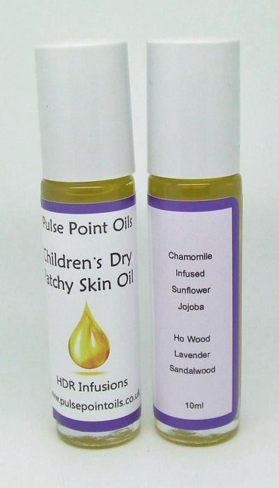 Children Dry Patchy Skin Pulse Point Oil  Babies & children can get dry patchy skin just like adults.  In fact, because young skin is more delicate, it's more susceptible to becoming dry. Cold, dry outdoor air & indoor heating can rob skin of its natural moisture & in the summer months, the summer sun, air conditioning, salt water & the chlorine in pool water can all be very drying.
