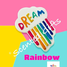 Load image into Gallery viewer, Rainbow Dream Cloud bath bomb scented in slam bar fragranced (sweet and fruity), hand painted with hidden colour inside.
