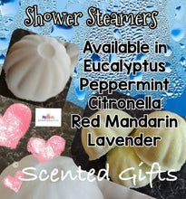 Load image into Gallery viewer, Aromatherapy essential oil super strong shower steamers scented in sinus relief, lemongrass, cinnamon, eucalyptus, red mandarin, headache, peppermint, All shower steamers are made 100% with pure essential oils and menthol crystals. 20 minutes is recommended in the shower to reap the aromatherapy benefits.