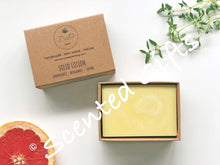 Load image into Gallery viewer, Solid Essential Oil Lotion bars Our solid lotions are full of natural, pure and simple ingredients that will deeply moisturise and nourish your skin! Being a solid product they're extra concentrated, so all you need to do is lightly rub the bar on your damp skin and then massage it to allow for full absorption. All the solid lotions are 100% vegan-friendly, zero waste and palm-oil-free! This rich lotion bar will deeply moisturise your skin in just one go!