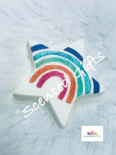 Load image into Gallery viewer, White Rainbow Star Bath Bomb hand painted rainbow star in bubblegum. hidden colour inside. large
