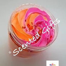 Load image into Gallery viewer, Luxury Sugar Scrub Soap Fluff 160g.Scented in rhubarb and rose coloured in pink and orange.