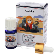 Load image into Gallery viewer, Goloka Essential Blend Oils Stunningly Fragranced Aroma Oil Which Fills Your Home With A Wonderful And Long Lasting Aroma. These are safe to use in burners, plug in and humidifiers. Brand: Goloka Material: 100% Pure Essential Oil Packaging: 10ml Bottle with Pipette Vegan: Yes Cruelty Free: Yes Child Labour Free: Yes choice of:decreased anxiety energising anti depression. allergy relief.