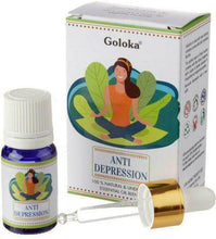 Load image into Gallery viewer, Goloka Essential Blend Oils Stunningly Fragranced Aroma Oil Which Fills Your Home With A Wonderful And Long Lasting Aroma. These are safe to use in burners, plug in and humidifiers. Brand: Goloka Material: 100% Pure Essential Oil Packaging: 10ml Bottle with Pipette Vegan: Yes Cruelty Free: Yes Child Labour Free: Yes choice of:decreased anxiety energising anti depression. anti depression