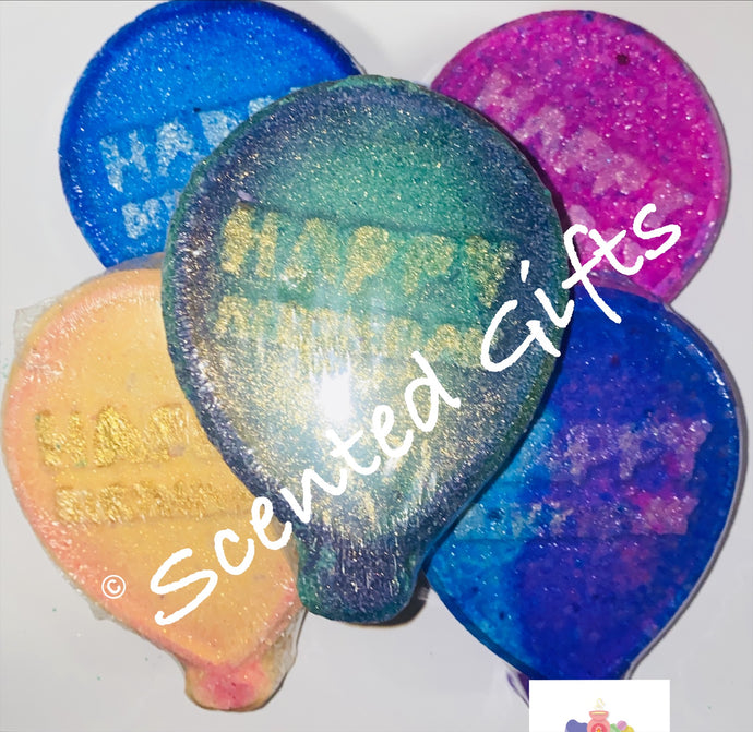 Birthday Balloon shaped Bath Bomb in pink, blue, yellow, green, purple and scented in watermelon, candy floss and marshmellow, dragons blood and bubblegum.