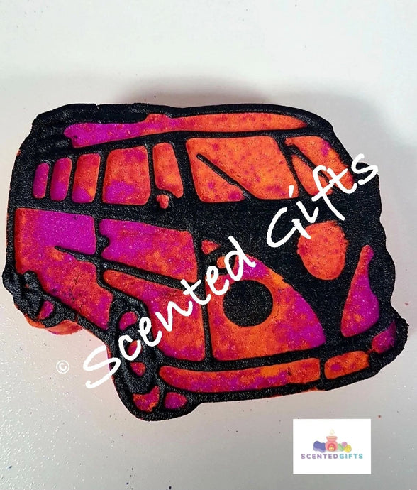 Camper Van Bath Bomb scented in coco mango coloured in neon pink orange red and black detailed outline.