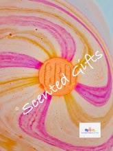 Load image into Gallery viewer, CBD bath bomb 100mg CBD isolate bath bombs with HIDDEN embeds for bath art. CBD 100MG JUICY FRUIT BATH BOMB. Coloured in orange with pink and orange embeds.