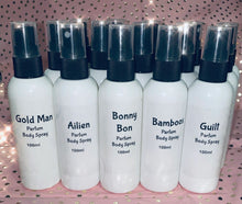 Load image into Gallery viewer, Perfume Body Sprays 100ml. These body sprays are the highest scented parfume we could have cosmetically assessed and as such are super scented and will leave you smelling amazing! Belle, bamboo gucci, gucci guilty, angel, jpg her, seychelles, mermazing fabuloso, shimmer etc.