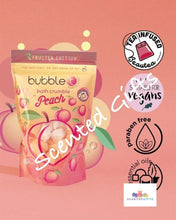 Load image into Gallery viewer, Bath Crumble a fruity sweet notes of peach with fizz to freshen up your bath time. With added Aloe vera extracts to gently cleanse and moisturise, this uplifting bath crumble will leave a sweet and fruity scent on the skin for all-day freshness. bubble t