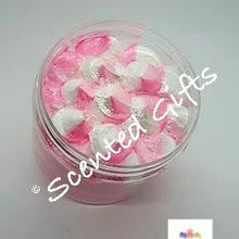 Load image into Gallery viewer, Luxury Sugar Scrub Soap Fluff 160g. Scented in american shake lush and coloured pink and white.