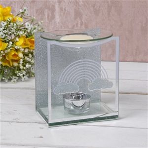 Rainbows Mirror Glass Wax Melter / Oil Burner Square Glass Oil/Melt Burner with Silver Glitter Design On Back And Silver Rainbow On The Front