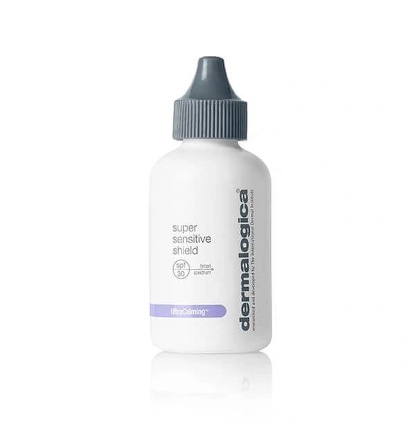 Dermalogica Super Sensitive Shield  A high-performance non-chalky sunscreen. Formulated with exclusive Ultra Calming TM Complex to minimize sensitivity redness irritation & inflammation.  Contains chemical-free sunscreens Titanium Dioxide & Zinc Oxide for optimum UVA & UVB protection. Developed with UV Smart Booster Technology comprising antioxidant vitamins C & E.  Helps boost UV defense anytime skin is exposed to daylight.  Skin appears calm elastic & comfortable.