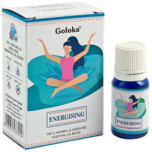 Load image into Gallery viewer, Goloka Essential Blend Oils Stunningly Fragranced Aroma Oil Which Fills Your Home With A Wonderful And Long Lasting Aroma. These are safe to use in burners, plug in and humidifiers. Brand: Goloka Material: 100% Pure Essential Oil Packaging: 10ml Bottle with Pipette Vegan: Yes Cruelty Free: Yes Child Labour Free: Yes choice of:decreased anxiety energising anti depression. energsing