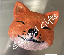 Load image into Gallery viewer, Freddie fox shaped bath bomb How cute is our Freddie fox! Fragranced in rhubarb and custard with hidden black embeds and orange with white and black detail.