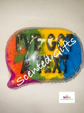 Load image into Gallery viewer, I’ve got a text bath bomb A rainbow colours speech bubble shaped bath bath bomb with Ive got a text black detailed writing scented in rainbow kisses.