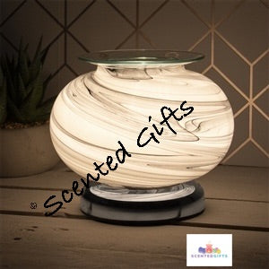 Grey Marble Design Aroma Lamp    Round Melt Burner / Aroma Lamp With GorgeouMarble Design. Acts As An Oil Warmer With A Glass Dish On Top That Is Included. Touch Sensitive Turn On And Off By Simply Touching The Lamp. UK Mains Powered