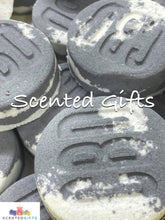 Load image into Gallery viewer, CBD bath bomb 100mg CBD isolate bath bombs with HIDDEN embeds for bath art. scented in invictus and coloured grey/white.