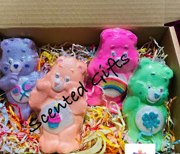 Care Bear Bath Bombs  A super cute collection of care bear bath bombs each in different glittery airbrushed coloured designs, with hidden embeds and scents. 