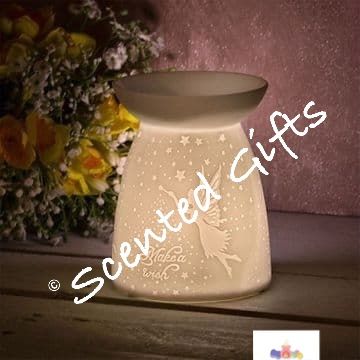 Make a wish tea light burner.   A white ceramic based t-light holder complete with an embossed Fairy decal, Scripted text finish and an added dipped dish top for oil/wax melting   With its beautifully simple design, this t-light holder will be sure to bring a charming feature to any home space while also providing a sensual aroma to your surrounding  Size is approx 11cm x 12cm x 9.5cm