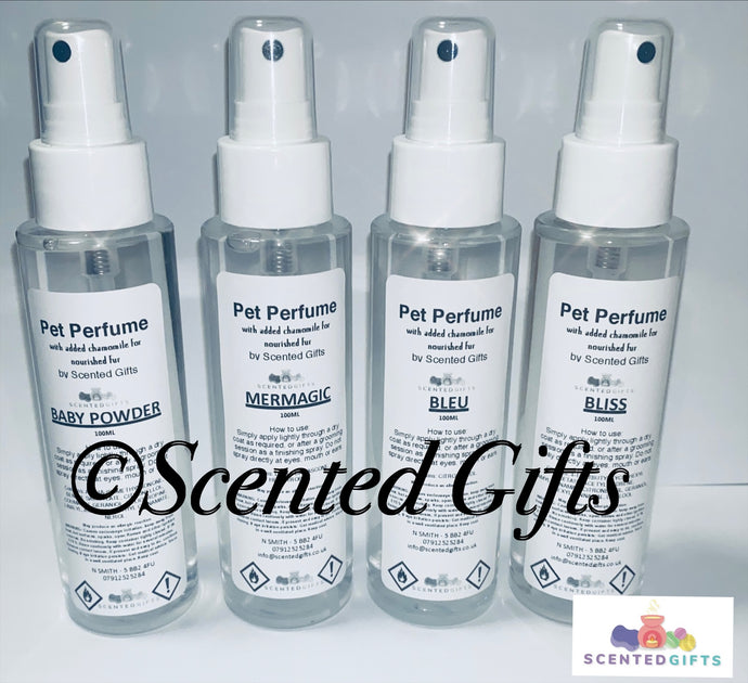 Pet Perfumes not only smell great, but also contain added conditioner to nourish and protect the coat and antibacterial properties that ensures the coat is clean and made from only the best quality fragrance oils. Perfect for your furry friends who like to roll in stinky stuff (even fox poo)!  Use as a finishing spray after a grooming session and between bathing to freshen the coat.  Bliss unstoppables, mermagic fabuloso, baby powder and chanel bleu.
