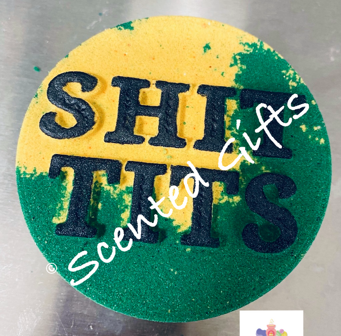 Shit Tits bath bomb, a vibrant yellow and dark green combo. Fragranced in Flower bomb, a high street dupe. 
