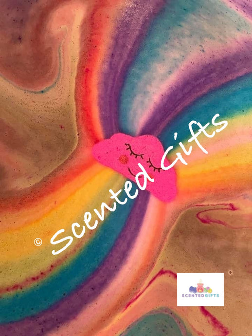pink Sleeping cloud scented bath bomb in strawberry with hidden rainbow embeds.  STRAWBERRY BONBON
