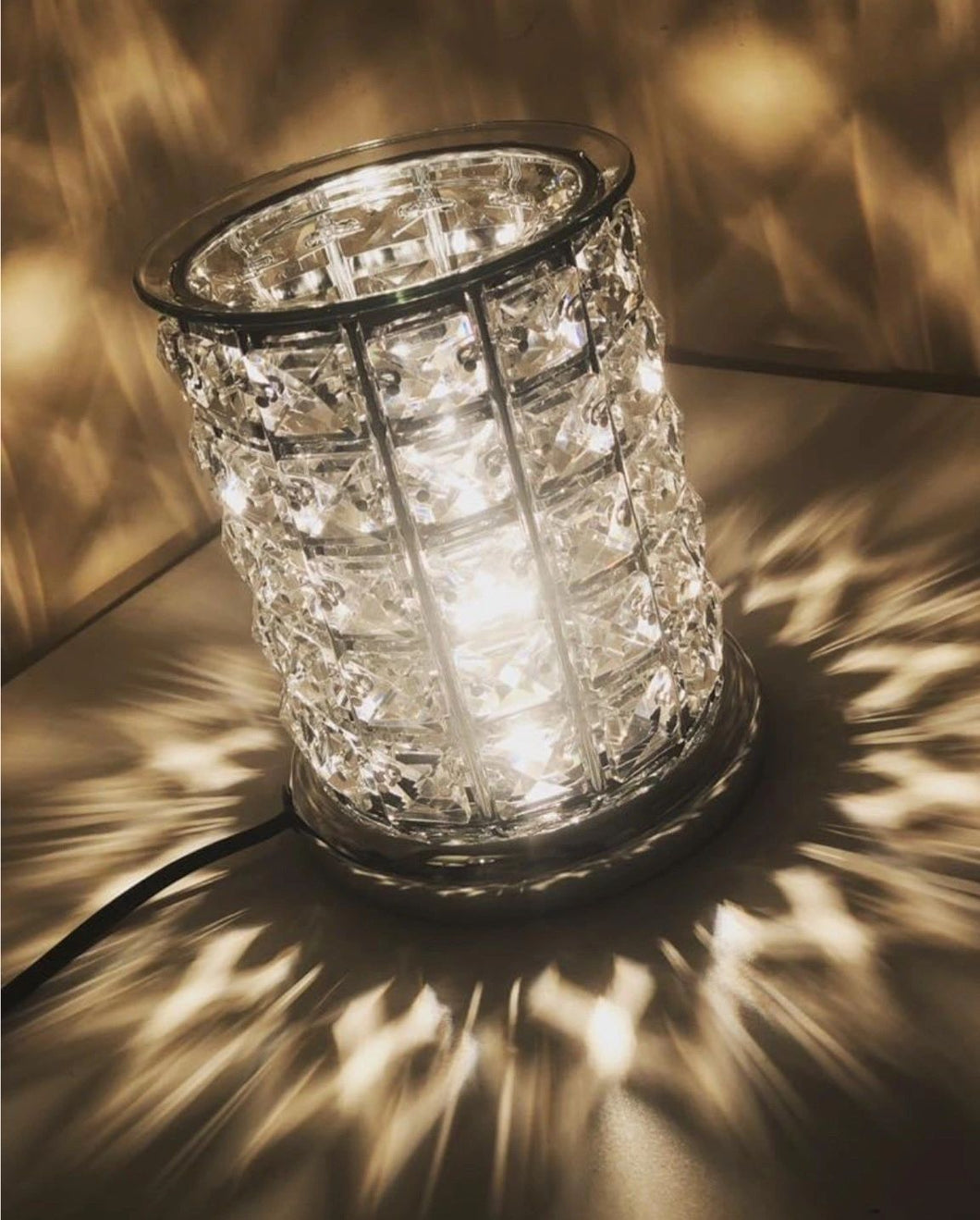 Clear Gem Crystal Aroma Lamp  Aroma Lamp With Gem Design Where The Light Reflects Around The Room Off The Gems.  Acts As An Oil Warmer With A Glass Dish On Top That Is Included. Touch Sensitive Turn On And Off By Simply Touching The Lamp. wax melts, sizzlers.
