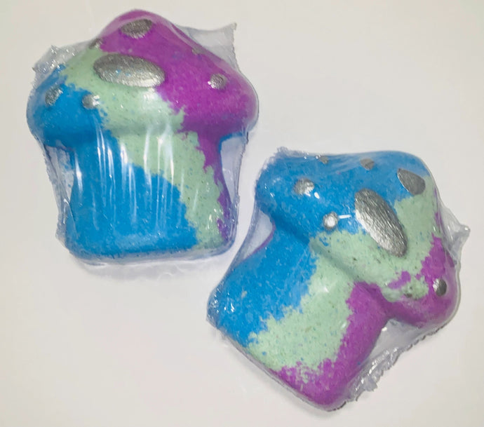 Cute toadstools shaped bath bomb Scented in Lady Million (female perfume dupe) coloured in pink, green and blue.
