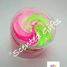 Load image into Gallery viewer, Luxury Sugar Scrub Soap Fluff 160g . Scented pink peppercorn molten brown and coloured in pink and green.
