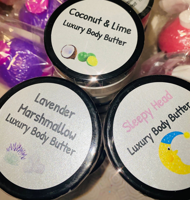Luxury Body Butter  scented in coconut and lime, lavender marshmallow and sleepy head lush.