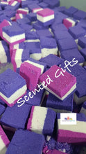 Load image into Gallery viewer, Rose Wonderland scented jumbo bath bricks coloured in pink, purple and white.
