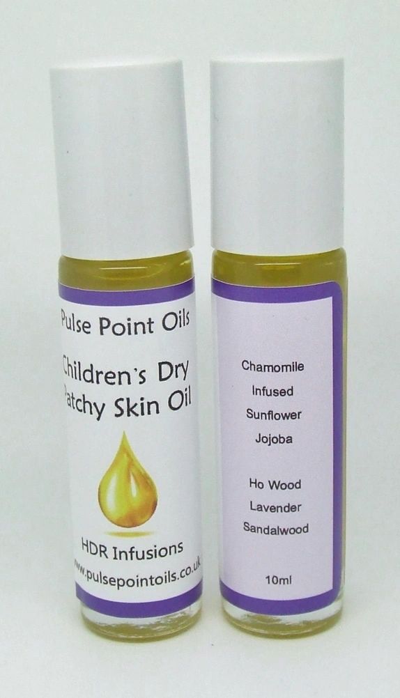 Children Dry Patchy Skin Pulse Point Oil  Babies & children can get dry patchy skin just like adults.  In fact, because young skin is more delicate, it's more susceptible to becoming dry. Cold, dry outdoor air & indoor heating can rob skin of its natural moisture & in the summer months, the summer sun, air conditioning, salt water & the chlorine in pool water can all be very drying.