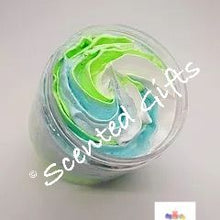 Load image into Gallery viewer, Luxury Sugar Scrub Soap Fluff 160g. White, blue and green coloured and scented in earl grey and cucumber jo malone dupe.
