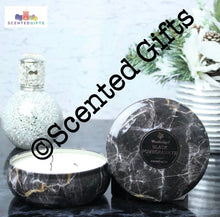 Load image into Gallery viewer, Woodbridge Marble Candle Tin  470g 13cm  High Quality food grade paraffin wax  3 German lead free wicks, 8% fragrance load. Black pomegranate, Summer memories and Oriental orchid
