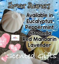 Load image into Gallery viewer, Aromatherapy essential oil super strong shower steamers scented in sinus relief, lemongrass, cinnamon, eucalyptus, red mandarin, headache, peppermint, All shower steamers are made 100% with pure essential oils and menthol crystals. 20 minutes is recommended in the shower to reap the aromatherapy benefits.
