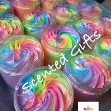 Load image into Gallery viewer, Luxury Sugar Scrub Soap Fluff 160g. Rainbow coloured and scented in rainbow dust lily flame and fairy dust. 
