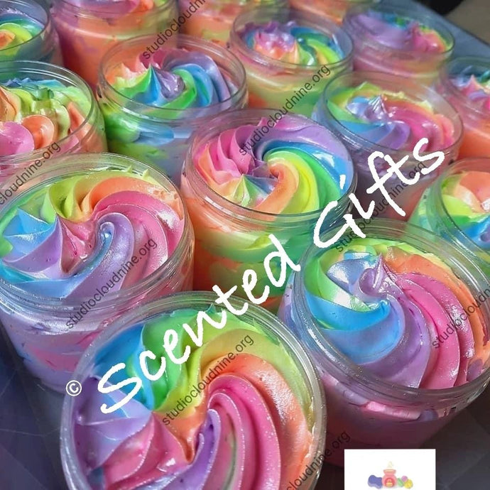 Luxury Sugar Scrub Soap Fluff 160g. Rainbow coloured and scented in rainbow dust lily flame and fairy dust. 