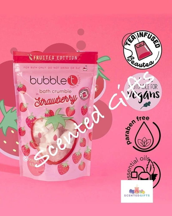 Bath Crumble a fruity sweet notes of strawberry with fizz to freshen up your bath time.  With added Aloe vera extracts to gently cleanse and moisturise, this uplifting bath crumble will leave a sweet and fruity scent on the skin for all-day freshness. bubble t