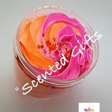 Load image into Gallery viewer, Luxury Sugar Scrub Soap Fluff 160g.Scented in rhubarb and rose coloured in pink and orange.
