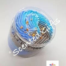 Load image into Gallery viewer, Luxury Sugar Scrub Soap Fluff 160g. Scented in Coco sandalwood and coloured in blue and grey.

