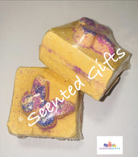 Load image into Gallery viewer, Butterfly Mini Block Bath Bomb yellow colours with embeds and a coloured butterfly topper. Flower Blast (womens perfume dupe) has notes of Sambac jasmine, centifolia rose, cattleya orchid, and ballerina freesia bloom on a base of patchouli. 

