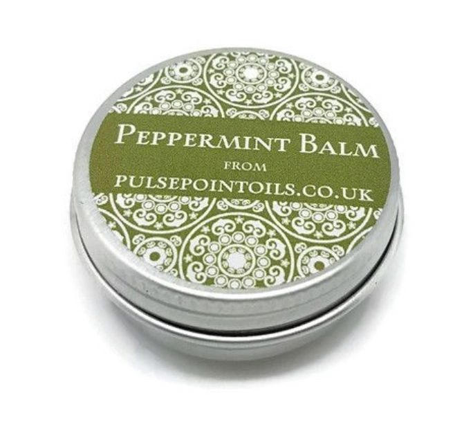Peppermint Essential Oil Balm  Peppermint balm - has the ability to improve circulation, use on tired legs or as a great Foot rub after a long day. Good travel sickness balm as peppermint has anti-nausea benefits and soothing effects on the gastric lining and colon because of its ability to reduce muscle spasms. Peppermint essential oil is also very effective as a natural painkiller and muscle relaxant. It is especially helpful in soothing an aching back, sore muscles, and melting away a tension headache.
