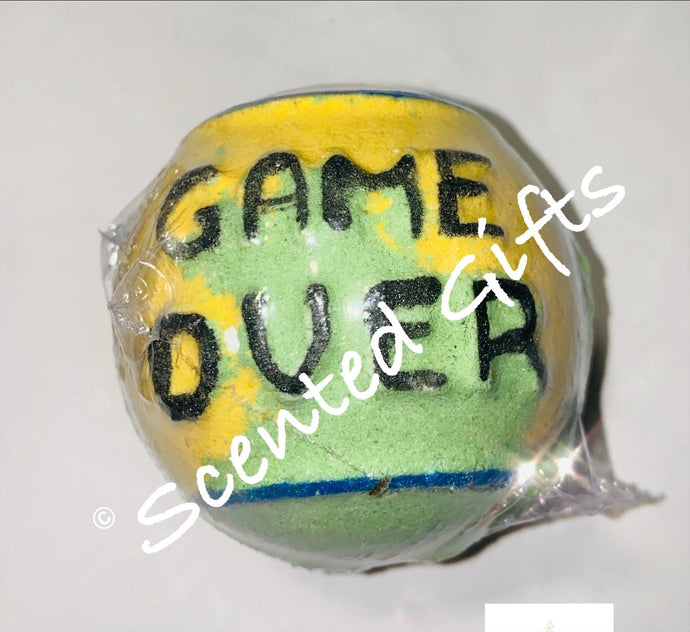 Game Over Ball Bath Bomb Scented in jellybean. ball bath bomb coloured in yellow green.