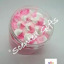 Load image into Gallery viewer, Luxury Sugar Scrub Soap Fluff 160g. Scented in american shake lush and coloured pink and white.
