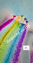 Load image into Gallery viewer, RAINBOW CLOUD 9 BATH BOMB  A white and blue layered colour shaped cloud bath bomb with hand painted heart balloons and coloured embeds scented in cloud 9. 
