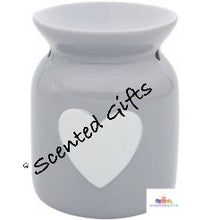 Load image into Gallery viewer, This sleek grey toned, ceramic wax warmer features a charming white heart design and added dipped top for wax/oil melting.  This stunning wax warmer would make the perfect gift for someone who loves wax melts and oils, or a treat for yourself. Size approx, 11x11x14cm
